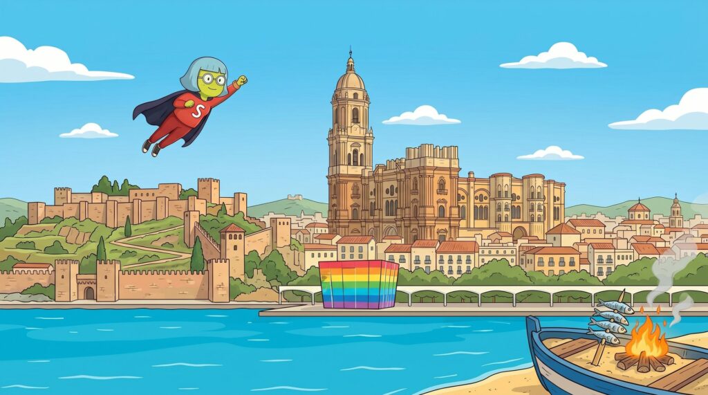 Mascota de Supervecina sobrevolando Málaga con La Manquita, la Alcazaba y un espeto de sardinas — administrador de fincas online en Málaga