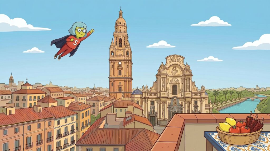 Mascota de Supervecina sobrevolando Murcia con la Catedral y una cesta de huerta murciana — administrador de fincas online en Murcia