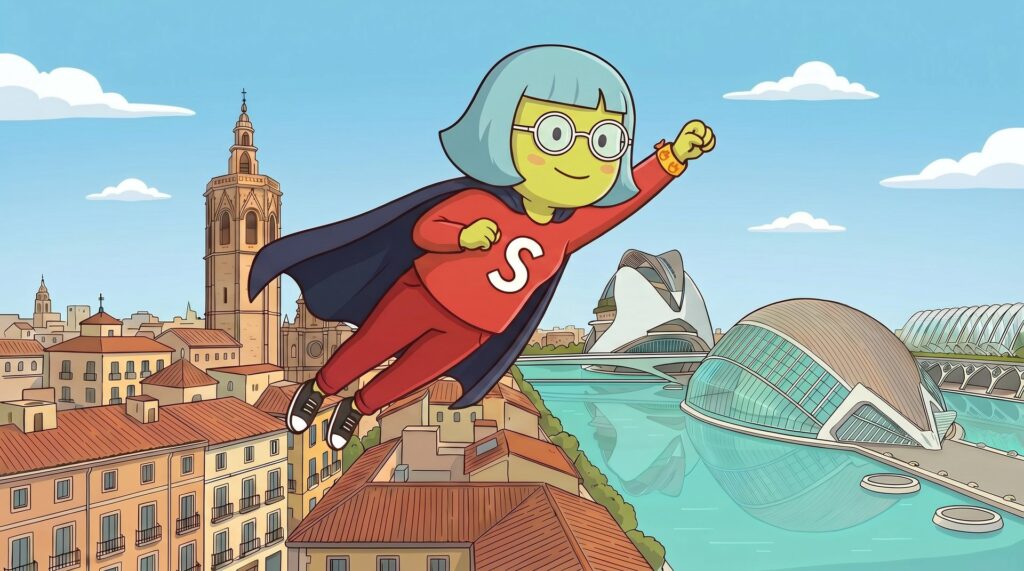 Mascota de Supervecina sobrevolando Valencia con detalle de falla — administrador de fincas online en Valencia