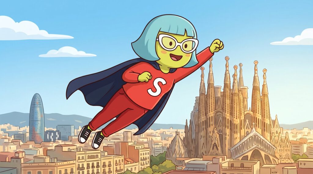 Mascota de Supervecina sobrevolando Barcelona — administrador de fincas online en Barcelona