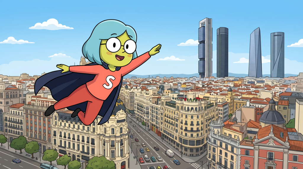 Mascota de Supervecina sobrevolando Madrid — administrador de fincas online en Madrid