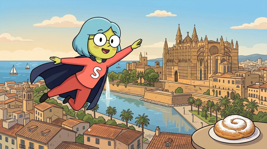 Mascota de Supervecina sobrevolando Palma de Mallorca, administrador de fincas online en Palma de Mallorca