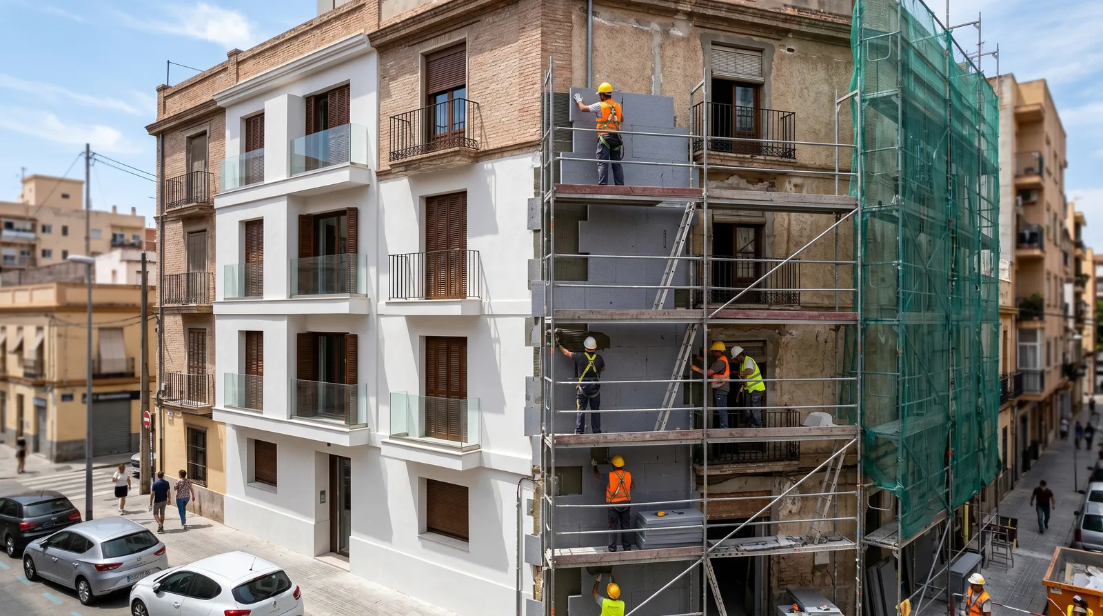 Fachada de una comunidad de propietarios en rehabilitación energética con andamios y paneles de aislamiento antes del cierre de los fondos Next Generation el 30 de junio de 2026